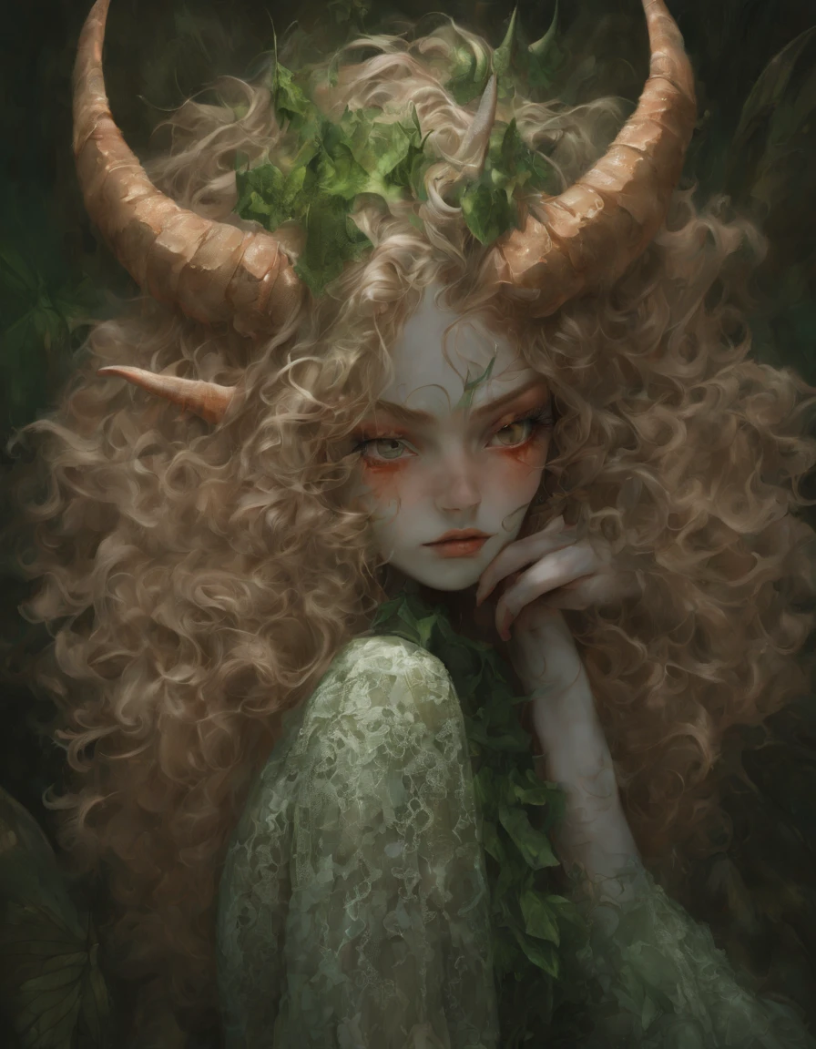 Ginger girl, demon girl, very angry, ((full smokey eyes)), (messy orange curls), (insect emerald eyes), (mesh fishnet, blouse), (long intricate horns:1.2)  (best quality), highest quality, extremely detail,  8k, wallpaper, detailed and intricate,