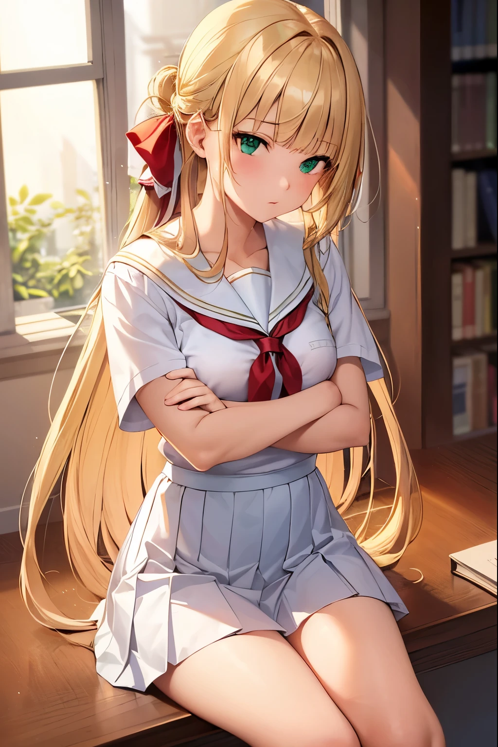 ((masterpiece,best quality, high resolution)), 1girl, solo, green eyes, blonde long hair tied with blue ribbon, blunt bangs, sitting, folded arms on the table, sleep on the folded arms, school uniform, white serafuku, red sailor collar, short sleeves, white pleated skirt, (in library), dramatic light, beside window, afternoon light through the window, afternoon, bokeh effect