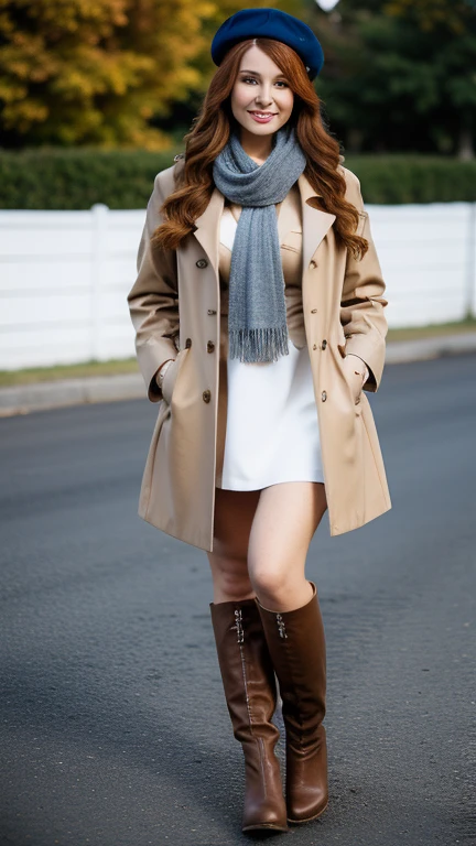 gorgeous, pretty, warm-hearted, kind-hearted, brighty, cheerful, sweet, polite, sensitive, sensible, shiny, charming, stylish, long ginger wavy haired russian woman, she is dressed with a long double breasted leather coat, boots, beret and scarf