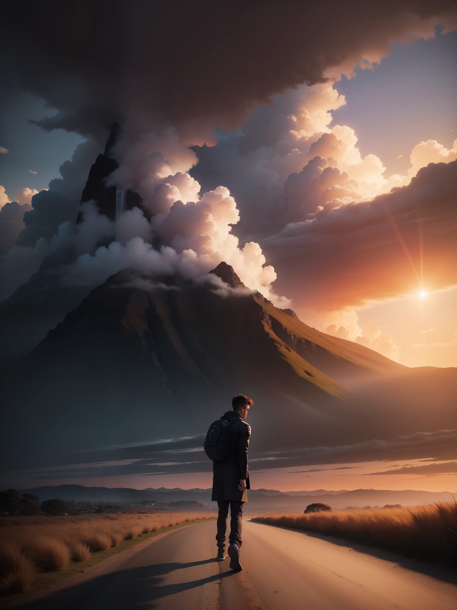 man, landscape, nature, mountains, paths, path, path to heavens, palm trees, alone, alone, straight path, natural view, divine, clouds, cloud, heavens, sky, sun, detailed sky, path to, back, manly, manly, manly, vigorous, strong, well dressed, tunic, decent, walk, run, path, beauty path, life path, nature, beautiful place, paradise, back, walking, looking at the straight path, Direction photorealism, photorealistic, Ultra HD, 4K, detailed textures, futuristic colors, detailed colors,