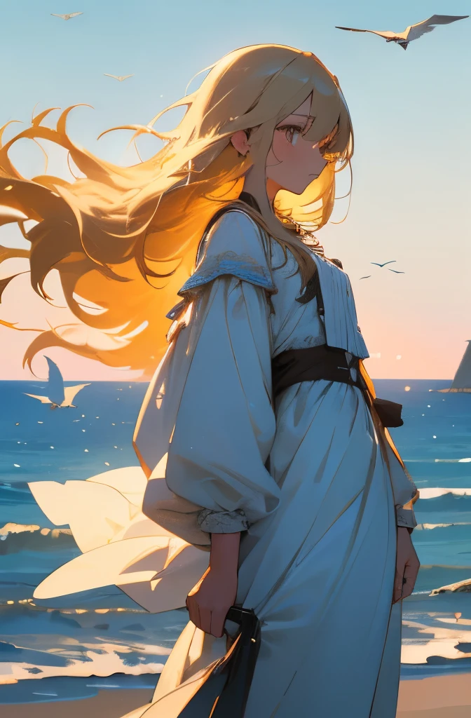 (cowboy_shot), (Best quality at best, A high resolution), (like a dream, a vibrant one), (detailed, Be expressive, aesthetic)1 girl, Sad expression, blonde long hair, white clothes, light orange eyes, standing, wind is blowing, fantastic, Flock of birds in the background, seaside, pale color