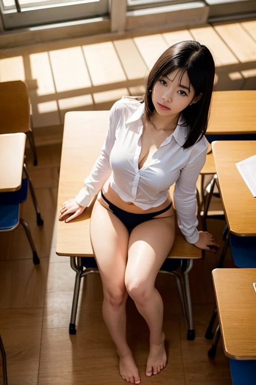 masterpiece, highest quality, 8K, RAW photo,
1girl, Japanese girl, high school student, , beautiful girl, cute face, (haircut of uniform length:1.2), (one length), Beautiful shiny black hair, straight hair, Clear white skin, pale skin, serafuku, large breasts, front open shirt, show off panties, ((lie on her back)), on the desks, classroom, full body, ((full body to the toes)), whole body, She is barefoot, ((shoot from above)), (overhead shoot), beautiful legs, long legs,
The room is dimly lit, evening, dusk, magic hour,
