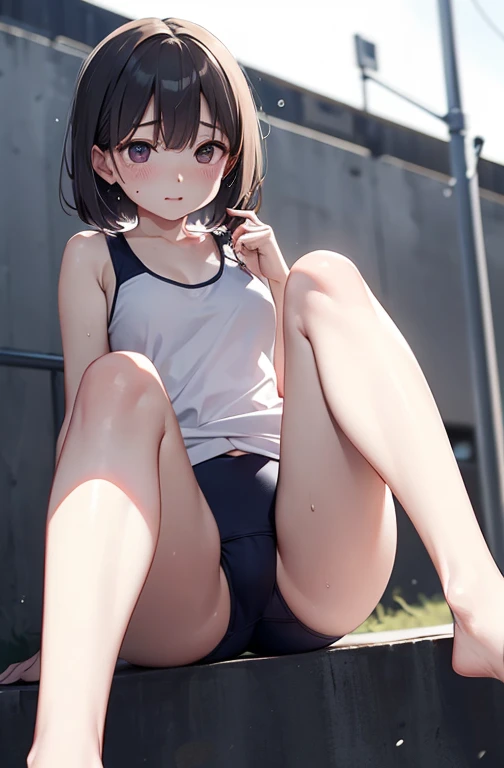 cinematic lighting、highest quality、School Outdoor Grounds、school swimwear、(Short white tank top)、full of sweat、sweating、embarrassing、しゃがんでopen your legs、eyes from below、open your legs、
