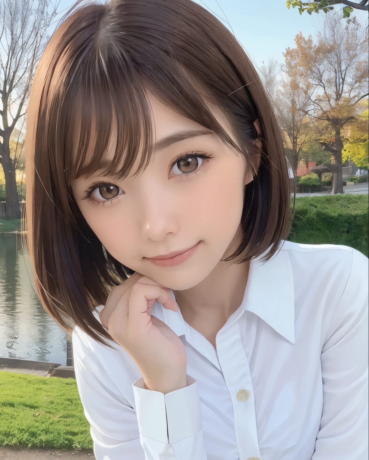 highest quality, realistic, 8K, High resolution, full color, 1 girl, woman, 20 years old woman, (closed mouth:1.63), (skin dents), (portrait:0.6), wood, park bench, dawn, ((park background:1.52)), full color, ((White button shirt:1.58)), looking at the viewer:1.8, (1 girl eyes looking at the viewer:1.55), (medium hair, brown hair, parted bangs:1.45), (Bokeh), 