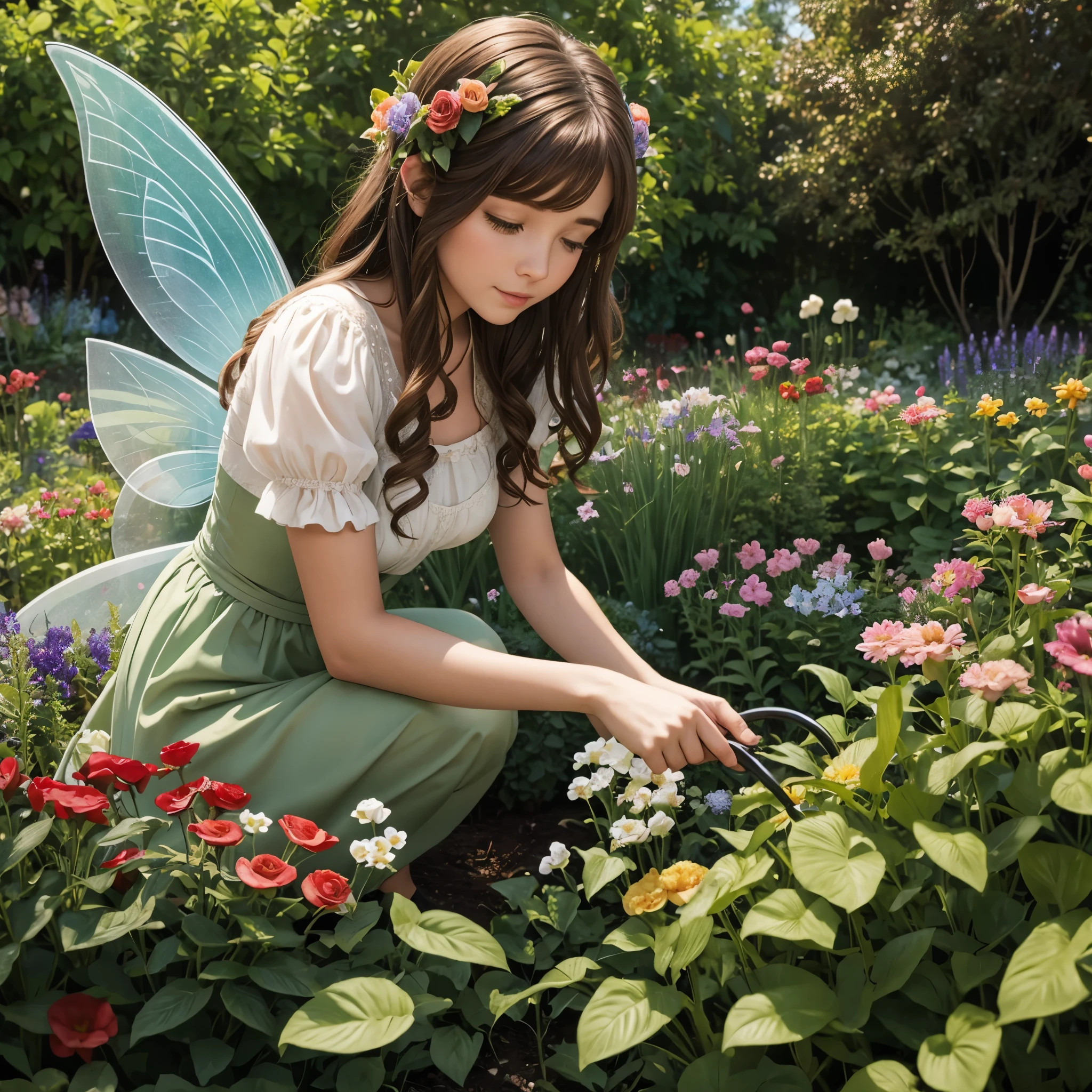 garden fairy, tending to flowers, mid length brown hair