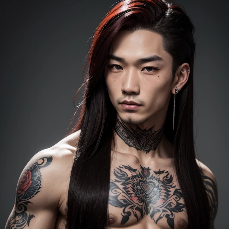 White-skinned Asian man with super detailed tattoos, with long straight red hair with some naturally destroyed black highlights, with a lip piercing in the left corner, and a small mole in the corner of the right eye and one near the mouth with two pairs of detailed and gothic style earrings