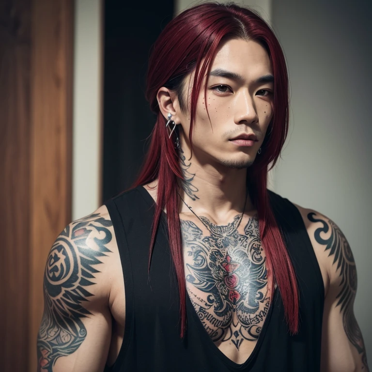 Red hair, red eyes, Japanese man, DILF, tattoos, male
