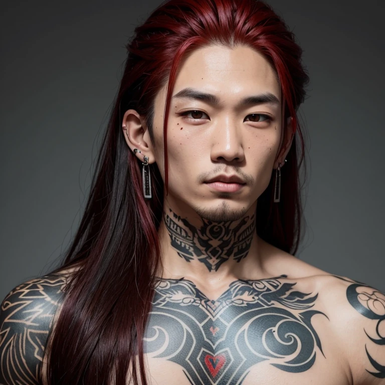 White-skinned Asian man with super detailed tattoos, with long straight red hair with some naturally destroyed black highlights, with a lip piercing in the left corner, and a small mole in the corner of the right eye and one near the mouth with two pairs of detailed and gothic style earrings