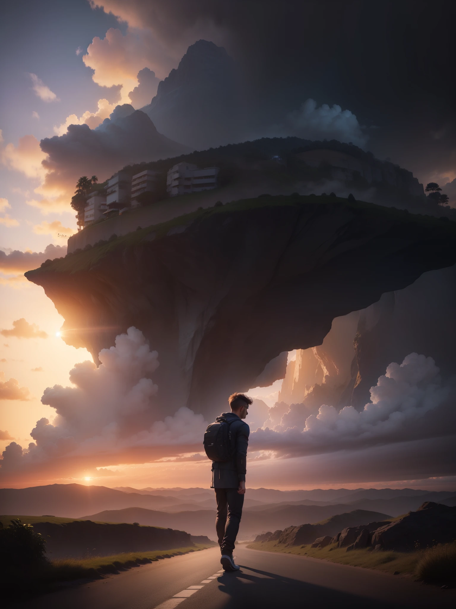 man, landscape, nature, mountains, paths, path, path to heavens, palm trees, alone, alone, straight path, natural view, divine, clouds, cloud, heavens, sky, sun, detailed sky, path to, back, manly, manly, manly, vigorous, strong, well dressed, tunic, decent, walk, run, path, beauty path, life path, nature, beautiful place, paradise, back, walking, looking at the straight path,  Direction photorealism, photorealistic, Ultra HD, 4K, detailed textures, futuristic colors, detailed colors,