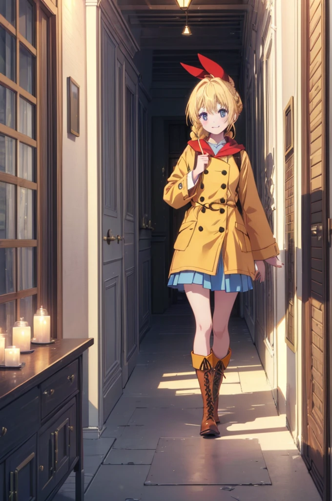 (Highly detailed CG Unity 8K wallpaper), (masterpiece), (highest quality), (super detailed), (best illustrations), (best shadow), (disorganized), 1 girl, alone, Kirisaki Sentoge, Braid,red ribbon,yellow long coat, mini skirt,White tights,short boots,In town, looking at the viewer, smile, walking