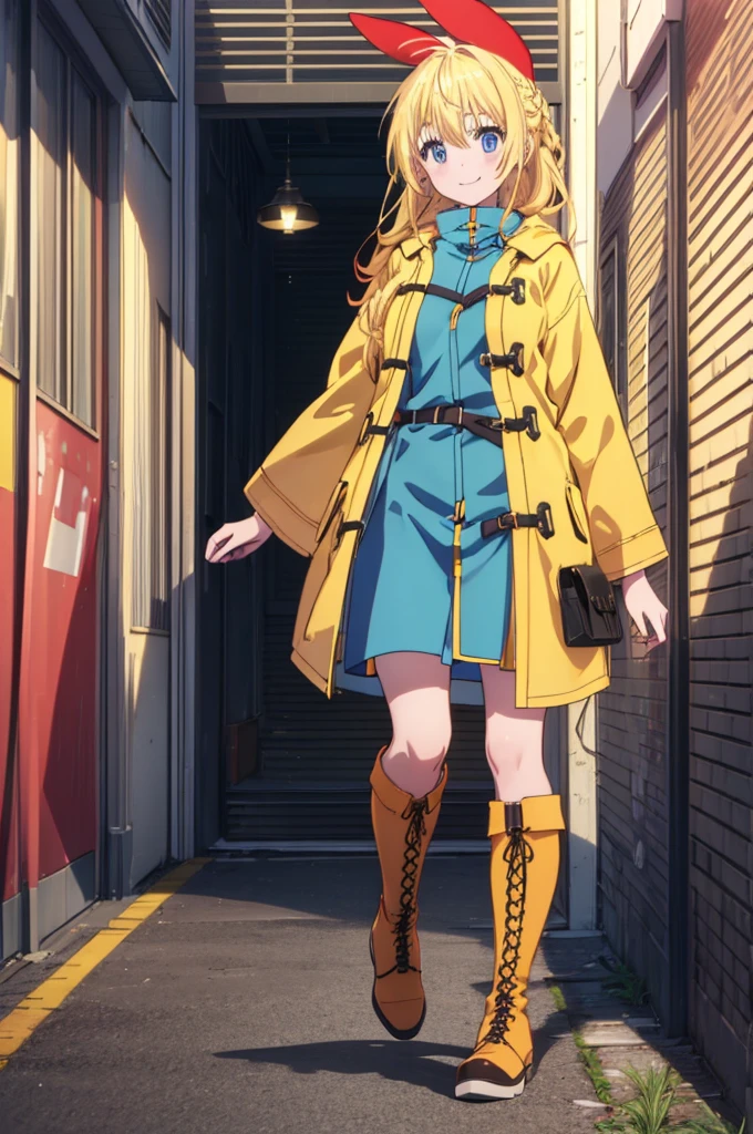 (Highly detailed CG Unity 8K wallpaper), (masterpiece), (highest quality), (super detailed), (best illustrations), (best shadow), (disorganized), 1 girl, alone, Kirisaki Sentoge, Braid,red ribbon,yellow long coat, mini skirt,White tights,short boots,In town, looking at the viewer, smile, walking