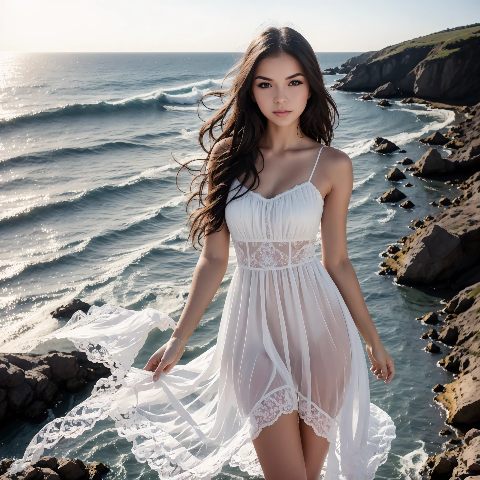 1girl,kawaii,detailed face,looking at viewer,focused,masterpiece,best quality, highres,8k,intricate,elegant,highly detailed,dynamic lighting BREAK long hair flows gracefully in the gentle sea breeze,the fading sunlight casts a warm, ethereal glow on the scene. She is wearing a flowing, light-colored dress that ripples in the wind. The waves gently kiss the shore in the background, and there's a sense of tranquility in the air. The overall atmosphere should evoke a feeling of serenity and beauty