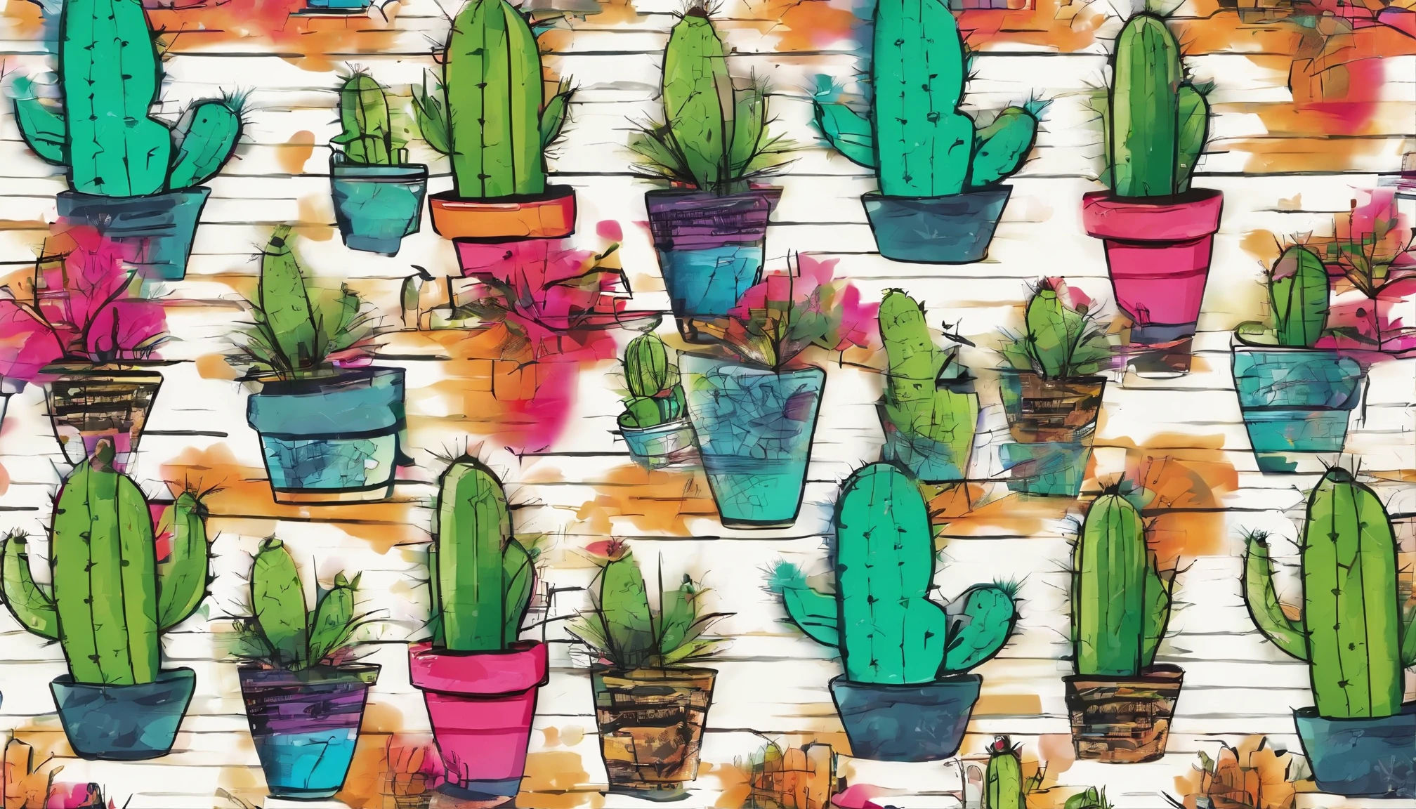 tile pattern covered with Spiky cactus, white background, to be uses for a coffee mug wrap