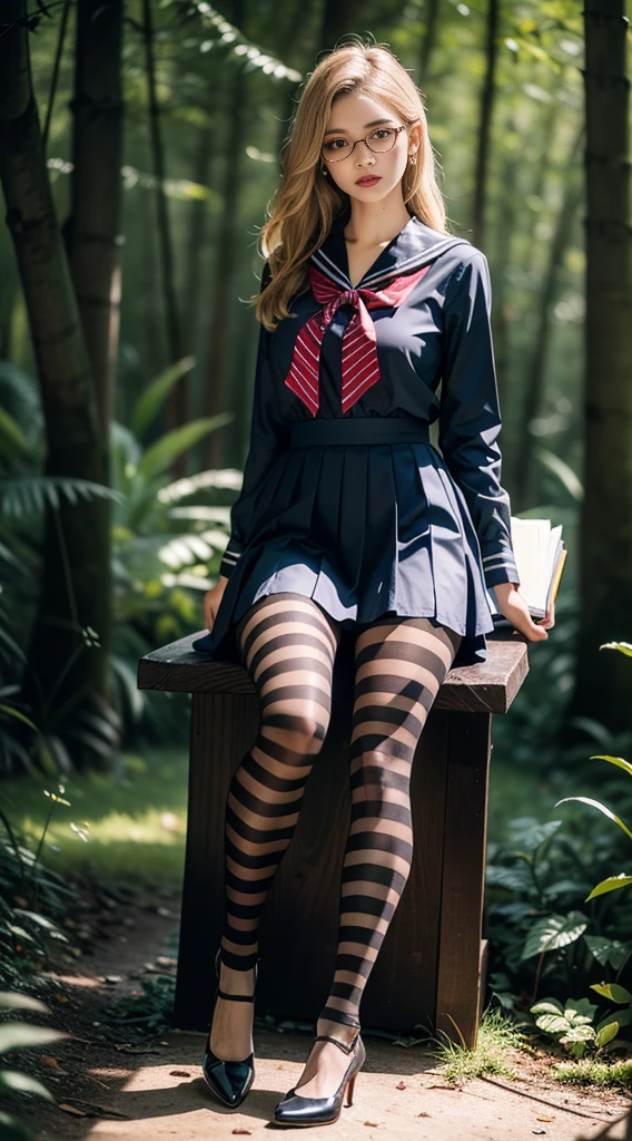 (full body:1.5), (((1girl)):1.3), (view the viewer:1.4), ((anatomy correct):1.45), ((Sitting in the forest):1.2), (she wears large glasses and holds a book in his hand:1.15), (shy:1.15), (Using multiple colors Sailor dress with ribbons:1.2),((((Striped))), (pantyhose):1.3), (Uniform high heels leather shoes with bows for female students:1.1), (Accurate and perfect face:1.3),(Blue-eyed blonde:1.2), hyper HD, Ray traching, reflective light, structurally correct, Award-Awarded, high detail, lighten shade contrast, Face lighting, cinematic lighting, masterpiece, super detailing, high quality, high detail, best quality, 16k, High contrast,
