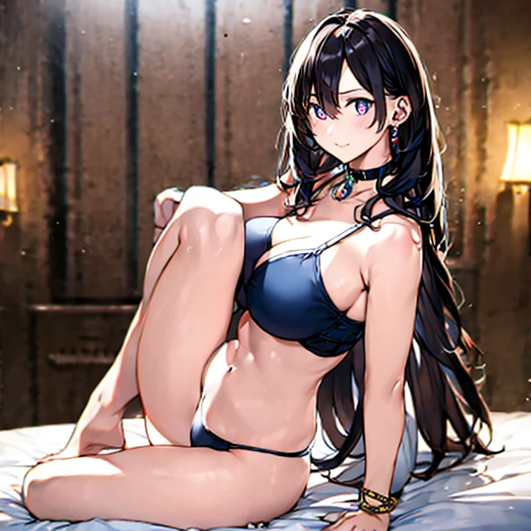 （A desert：1 girl with black hair,Western Region Dancer，Kneeling pose）， tmasterpiece， best qualtiy， RAW photogr， realisticlying， the face， Incredibly Ridiculous res，， ear studs， (flowing long black hair)，eye shadows，Bracelet，head chain，A wide variety of intricate jewelry，Collar，foot ring，Western-style bikini clothing，(nipple tassels:0.4)，(Tulle skirt:0.2)，The barefoot，depth of fields， A high resolution， ultra - detailed， filigree， RAWE is very detailed， very detailed eyes and faces， Sharp pupils， realistic pupil， tack sharp focus， cinmatic lighting，full bodyesbian，Bigboobs，long leges，From the front side，banquet，dynamicposes，Normal posture，closeup of face