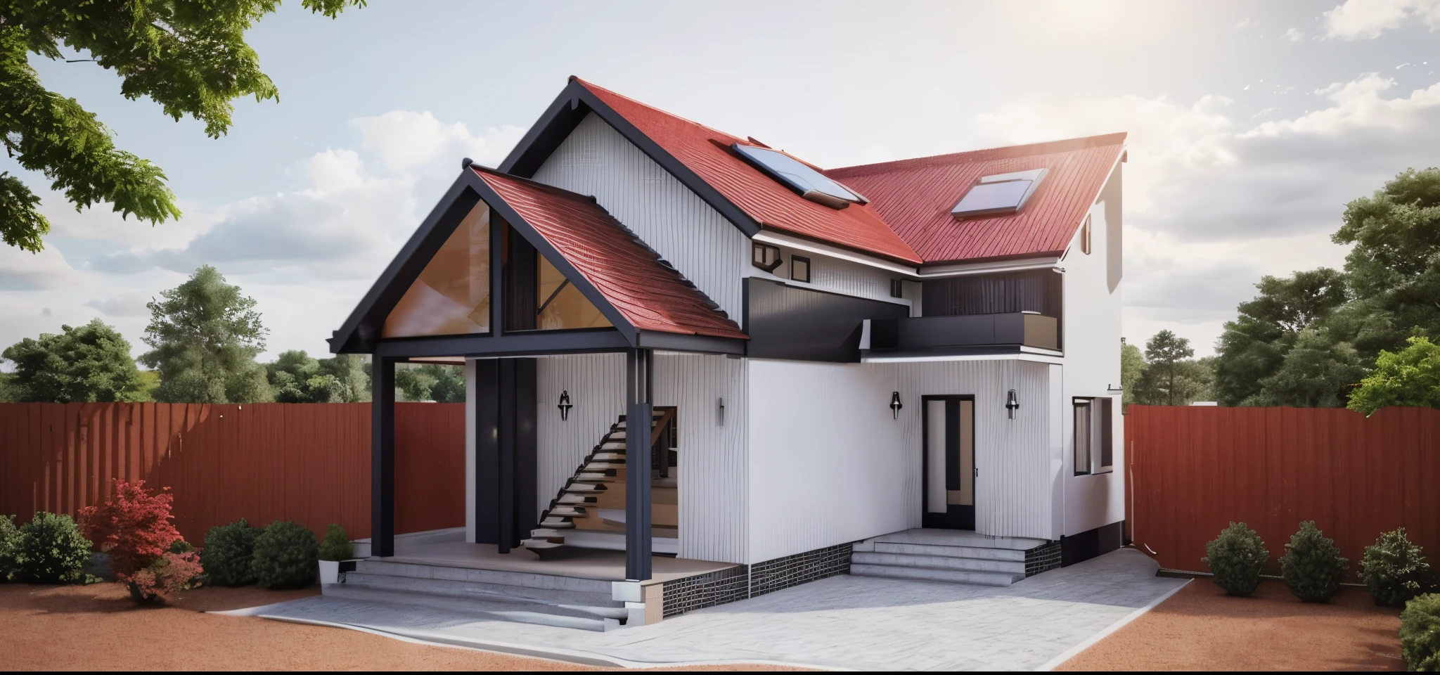 a rendering of a house with a staircase and a red roof, passive house, vue 3d render, complete house, front-view, sketch - up, 3/4 view, 3 / 4 view, render 3 d, concept house, comprehensive 2 d render, simple gable roofs, detail render, 3d rendering, 3 d rendering, 3d max render