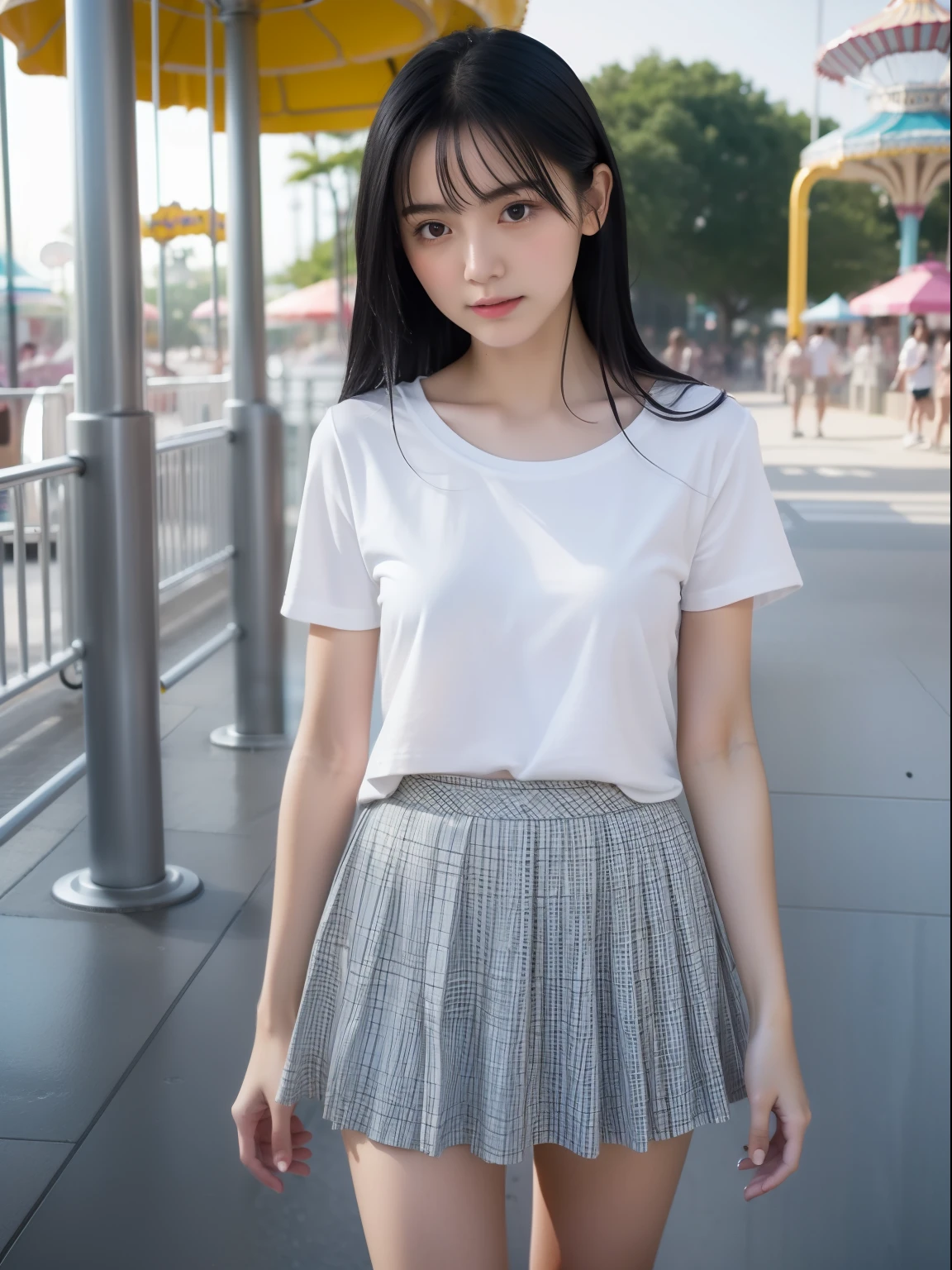 young,(mini skirt),T-shirt,teenage girl,delicate body,petite body,delicate body,small breasts,small breasts,short,black haired,Very Longhair,shower,amusement park,look up
