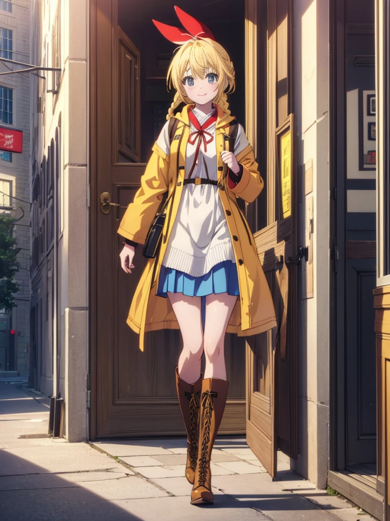 (Highly detailed CG Unity 8K wallpaper), (masterpiece), (highest quality), (super detailed), (best illustrations), (best shadow), (disorganized), 1 girl, alone, Kirisaki Sentoge, Braid,red ribbon,yellow long coat, mini skirt,White tights,short boots,In town, looking at the viewer, smile, walking