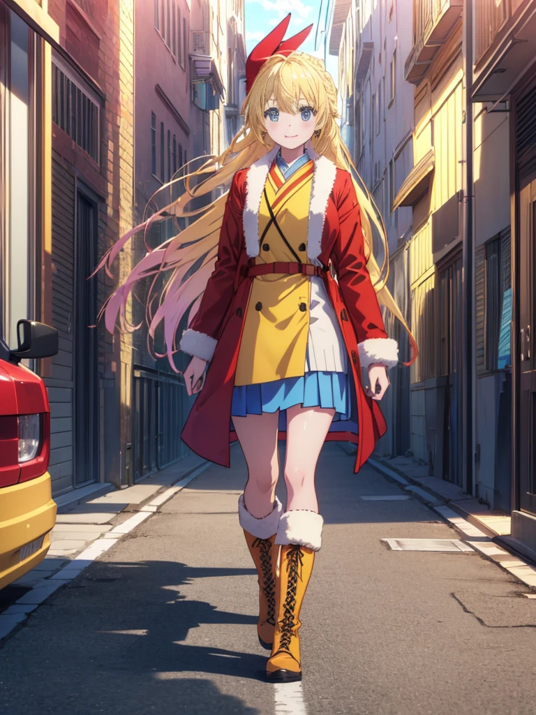 (Highly detailed CG Unity 8K wallpaper), (masterpiece), (highest quality), (super detailed), (best illustrations), (best shadow), (disorganized), 1 girl, alone, Kirisaki Sentoge, Braid,red ribbon,yellow long coat, mini skirt,White tights,short boots,In town, looking at the viewer, smile, walking