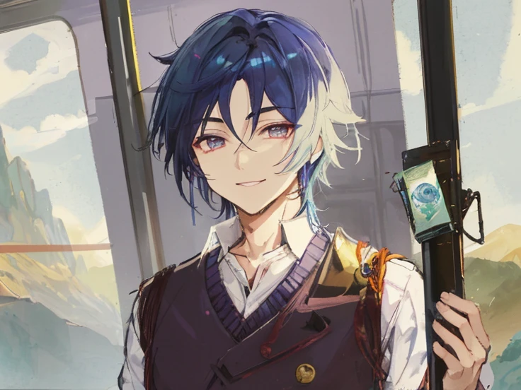 game character stands and holds an iron train support, I smile and look away from the viewer, wearing a button-down sweater, scaramouche (Genshin's influence), male focus, 1 boy, indigo eyes, dark indigo hair, shirt, The interior of the train, Mountain view, Haircut Medusa, Genshin's influence fanarts, Genshin's influence artstyle