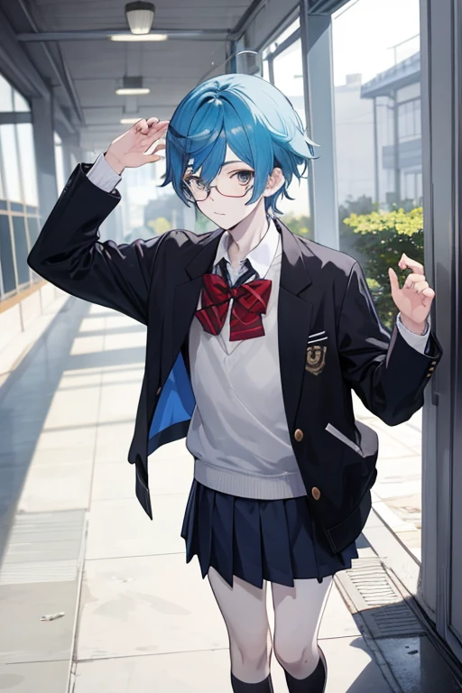 1 boy, school uniform,jacket, Cute, Genshin&#39;s influence, anime,blue hair, White skin, gray eyes,School Corridor, glasses