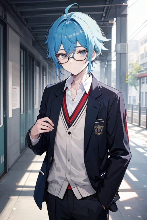 1 boy, school uniform,jacket, Cute, Genshin&#39;s influence, anime,blue hair, White skin, gray eyes,School Corridor, glasses