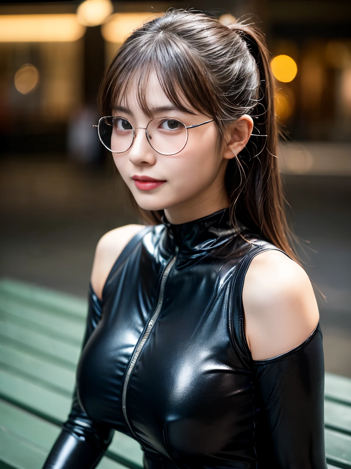 (detailed round metal glasses, glasses beauty, perfect brown eyes:1.5) (8k, RAW photo, best quality, masterpiece, extremely detailed:1.2) (realistic, photo-realistic:1.4) sharp focus, (blurred background:1.2) bokeh (close up:1.4) cinematic, leaning forward
BREAK
1 extremely cute Japanese idol, 20 years old, detailed extremely pale skin, cute smile (oil skin, sweat skin, sweat face:1.4) wet face (sweat wet hair) perfect anatomy (chubby, big breasts, sideboob:1.3) big breasts, cleavage, (erection of nipples:1.4) (sexy pose, full-body black rubber tight suit:1.3) bench (sitting on a bench, dark midnight:1.4) sexy body, neon lights, town, extremely hot summer night