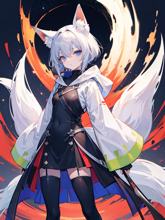 masterpiece,highest quality,One fox-colored fox girl,wearing a large oversized hoodie,Wearing long black tights,tail,light blue eyes,short hair,Moe sleeves,standing position,１He is holding two long swords with both hands pointing towards the viewer.,Image color is matcha brown,Cool-headed expression,flat chest,night sky,I don't wear pants,