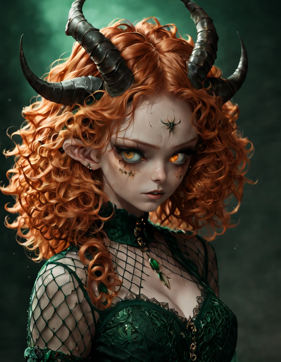 Ginger girl, demon girl, very angry, ((full smokey eyes)), (messy orange curls), (insect emerald eyes), (mesh fishnet, blouse), (long intricate horns:1.2) (best quality), highest quality, extremely detail, 8k, wallpaper, detailed and intricate,