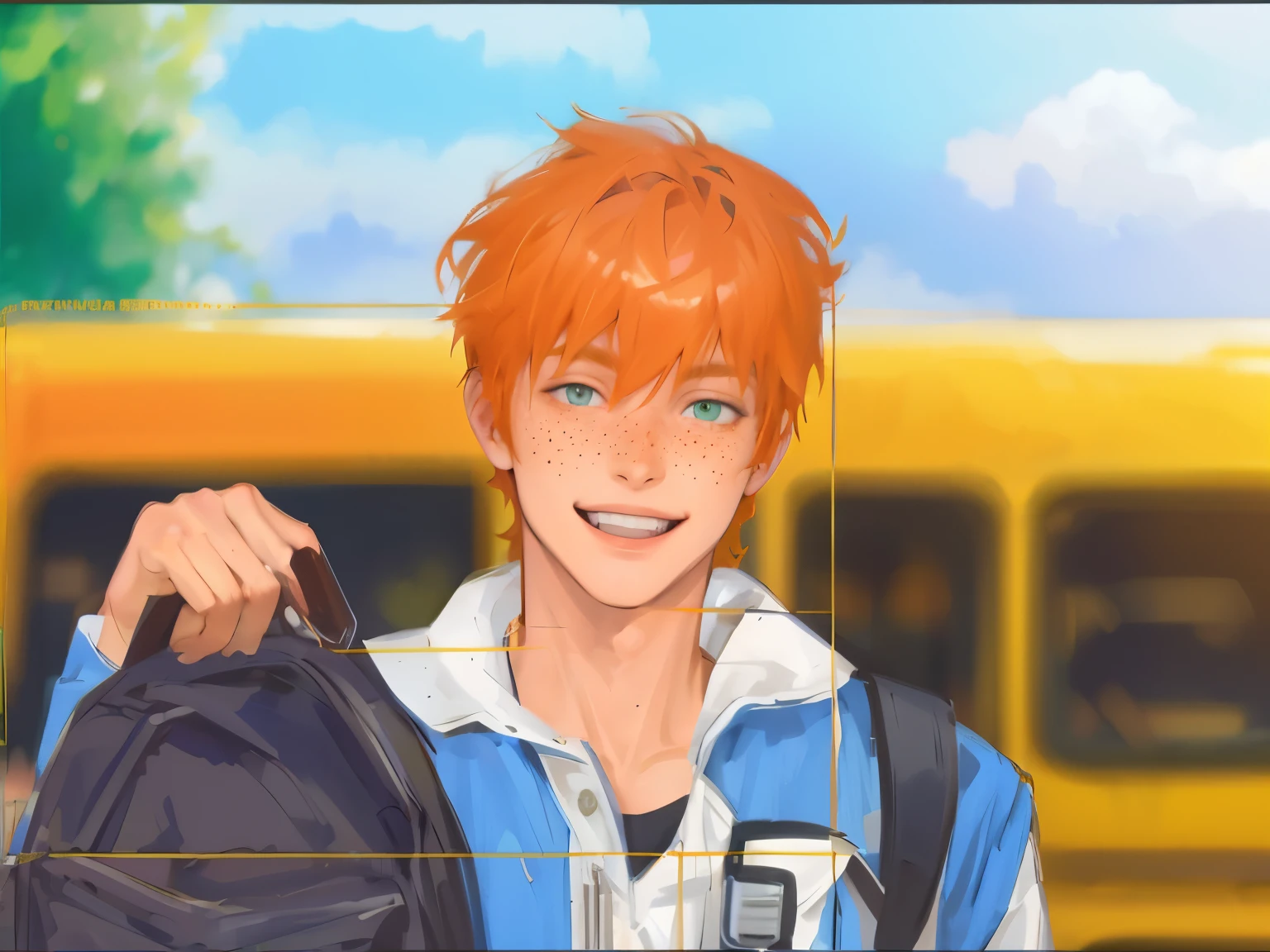 orange hair guy, anime semirrealistic, school bus background blurred, smiling, hot guy holding a backpack, freckles, high detailed, colored, high lighting, full rendered, green eyes