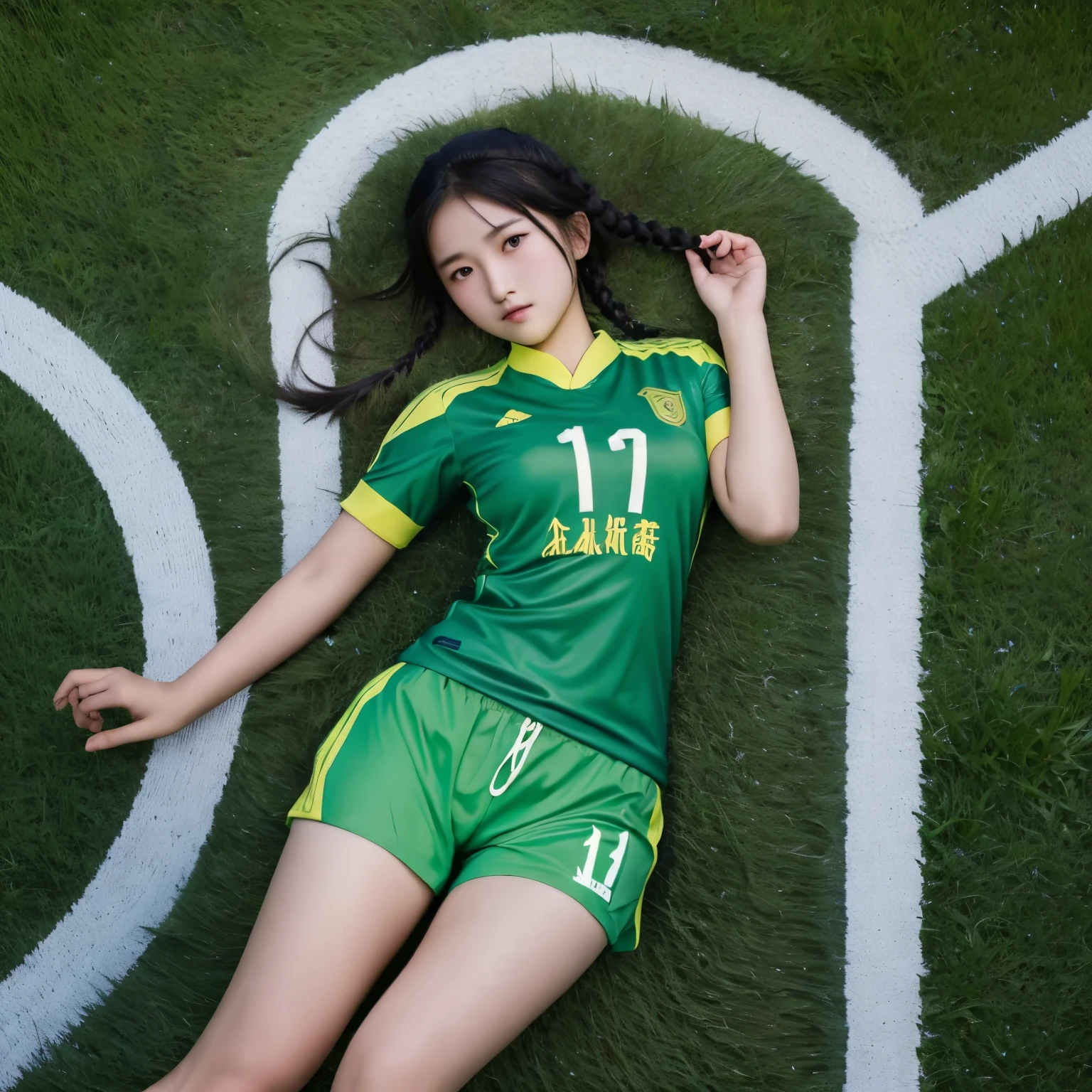 Female football player Zhao Lina,goalkeeper,Wearing Chinese women's football jersey,Pounce,Green field,Contest,Defeated the men's football team,long legs,Wingspan 186,Height 200,braids,big eyes,double eyelids