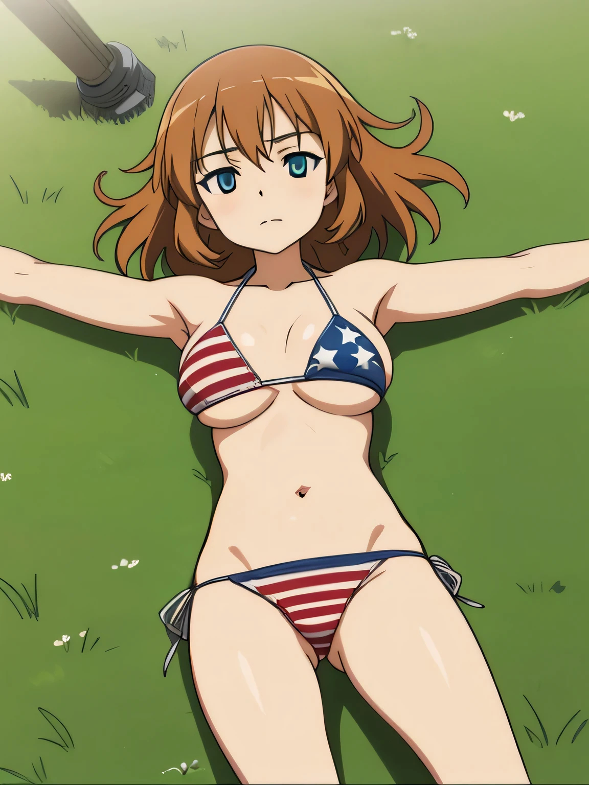 masterpiece, best quality,
charlotte e. yeager, 1girl, 
closed mouth, spread arms, arms up, expressionless, on back, on grass, looking at viewer, solo, center
american flag bikini, 

