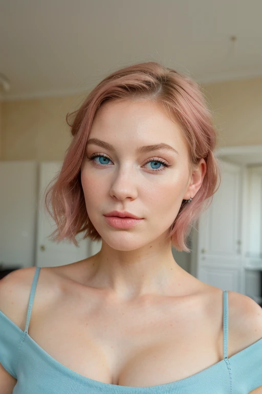 Vue de face d"une magnifique jeune femme aux yeux bleus, cette femme a les cheveux courts et bouclés, pouty lips. cheuveux couleur chatain