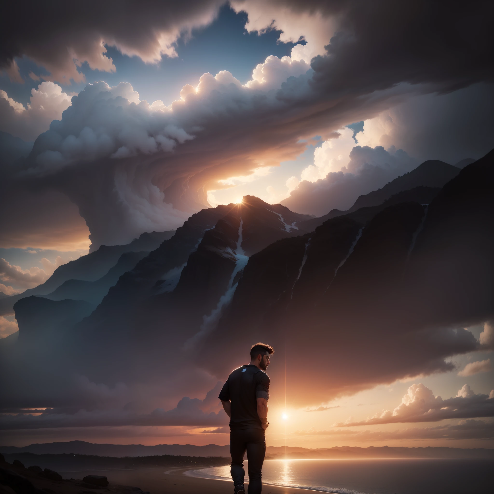man, landscape, nature, mountains, paths, path, path to heavens, palm trees, alone, alone, straight path, natural view, divine, clouds, cloud, heavens, sky, sun, detailed sky, path to, back, manly, manly, manly, vigorous, strong, well dressed, tunic, decent, walk, run, path, beauty path, life path, nature, beautiful place, paradise, back, walking, looking at the straight path, Direction photorealism, photorealistic, Ultra HD, 4K, detailed textures, futuristic colors, detailed colors,