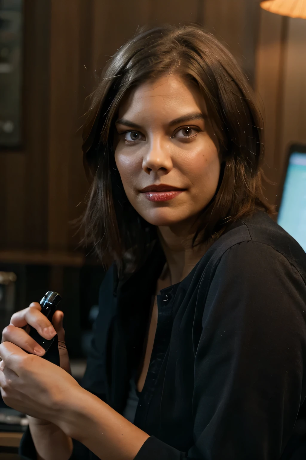 Imagem linda e fiel de Maggie do seriado The walking dead (Lauren Cohan), she's looking forward, olhos lindos expressivos e detalhados, olhar fixo e penetrante, olhos cor extremamente azuis, foco no rosto, imagem EXTREMAMENTE detalhada, 8k, Filmes, She's serious, ela tem um sorriso largo suave e misterioso, she smiles with her lips, Red lips, red lipstick on lips, ela usa roupa fiel a da Maggie. She is inside a curved concrete structure (tunnel) and highly dystopian, com luz solar refletindo por dentro. She raises her hand to the side of her face. She holds a black gun in her hand next to her face, foco no rosto.
