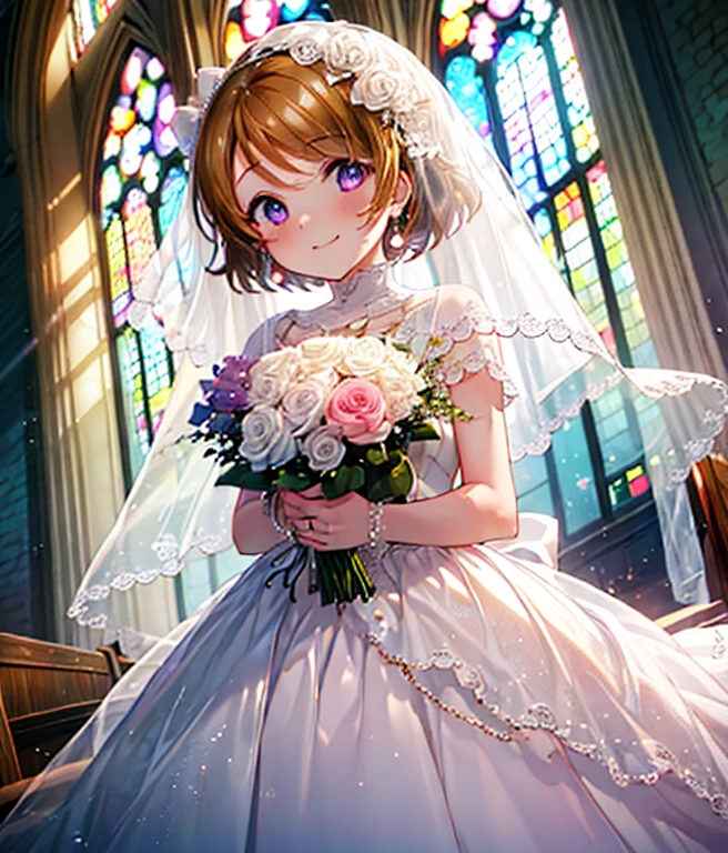 highest quality, masterpiece, High resolution, alone, {Koizumi_Hanayo_lovelive:1.15}, long hair，brown hair， purple eyes，Wedding dress,veil,bouquet,church,chapel,smile, 1 girl, 