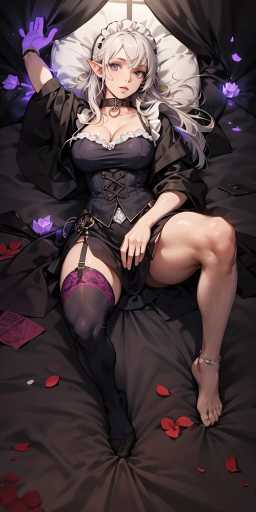 leather collar, Maid outfit victorian, female full body, view from below, wide hips, kneel on the sheet in bed. purple skin, drow elf