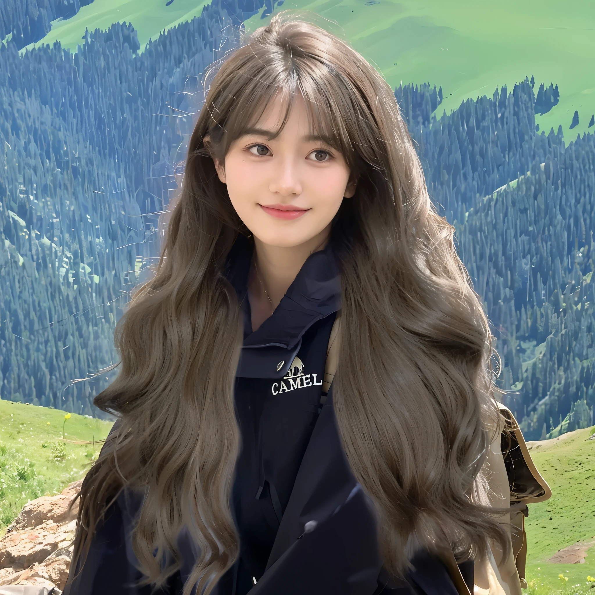 arafed woman long hair standing in front of a mountain, long hair, 刘海long hair, 齐刘海long hair, Hair with bangs, in a cloak long hairs, brown 刘海long hair, 有刘海的深色long hair, wavy hair loose, with long black hair, asian girl long hair, 黑色波浪long hair