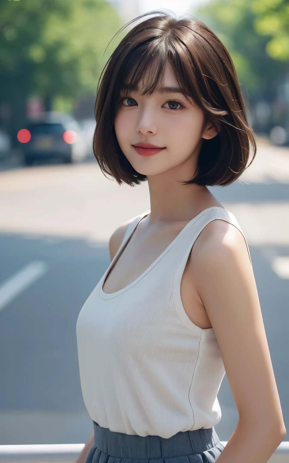 table top, best image quality, high quality, beautiful japanese girl, cute, Gravure Idol Figure, be familiar with, be familiar with eyes, be familiar with skin, beautiful skin, 超High resolution, (reality: 1.4),so beautiful, A little young face, beautiful skin, thin, (超reality的な), (High resolution), (8K), (非常にbe familiar with) (beautiful detailed eyes), (超be familiar with), (wallpaper), (be familiar with face), looking at the viewer, small details, be familiar with face, smile, Tank top, skirt, look straight ahead, look straight ahead, Angle from the waist up, reality的な写真, bright lighting, professional lighting, mature woman, (brown hair, bob hair, layer cut, swaying in the wind, bangs), newyork, congestion, Many people々