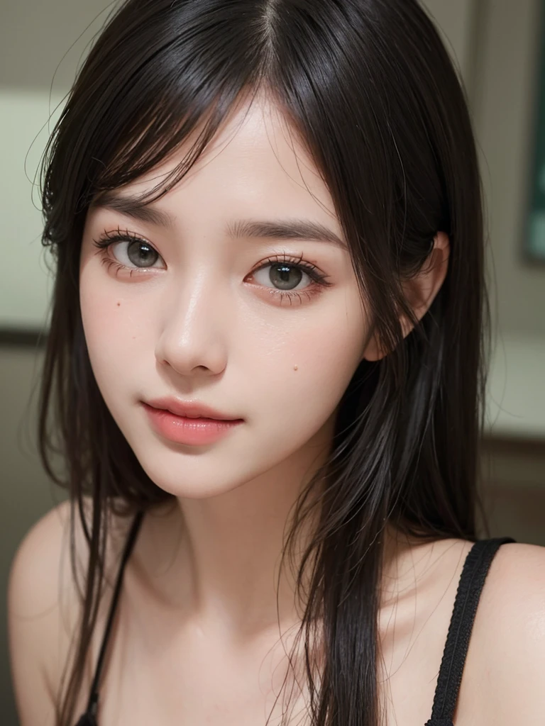 Masterpiece, best picture quality, high quality, beautiful woman, Japanese, popular Korean makeup, detailed, swollen eyes, detailed eyes, detailed skin, beautiful skin, ultra high resolution, (reality: 1.4),very beautiful, slightly younger face, beautiful skin, slender, (ultra realistic), (illustration), (high resolution), (8K), (very detailed) (best illustration), (beautifully detailed eyes), (super detailed), (wallpaper), (detailed face), looking at viewer, fine detail, detailed face, pureerosfaceace_v1, smiling, looking straight ahead, looking straight ahead, angle from waist up, realistic photo, bright lighting, professional lighting, black hair (some green), long hair, dark ruins, big red moon, gorgeous red and black dress, mature woman, long stylish bangs,