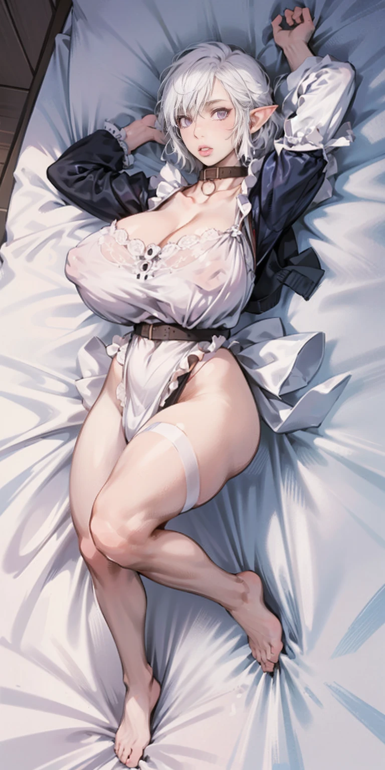 White hair , short hair, pinched eyes, (big-:1.5), Thin legs, thin body, leather collar, Maid outfit victorian, dynamic pose, full body, view from below, wide hips, kneel on the sheet in bed. purple skin, drow elf