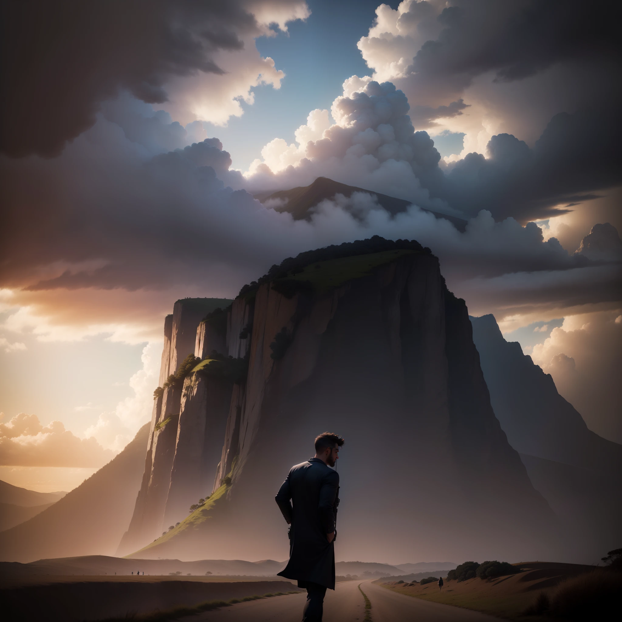 man, landscape, nature, mountains, paths, path, path to heavens, palm trees, alone, alone, straight path, natural view, divine, clouds, cloud, heavens, sky, sun, detailed sky, path to, back, manly, manly, manly, vigorous, strong, well dressed, tunic, decent, walk, run, path, beauty path, life path, nature, beautiful place, paradise, back, walking, looking at the straight path, Direction photorealism, photorealistic, Ultra HD, 4K, detailed textures, futuristic colors, detailed colors,