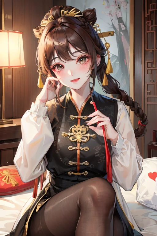 masterpiece, best quality, Married woman, aldult, Chinese style, China, elder sister, Smile, brown hair, princess cut, Single fried dough stick braid,Pantyhose,Full of motherhood,Chinese style婚礼,Pure desire,blushing,dignified yet lively,Mother,bring