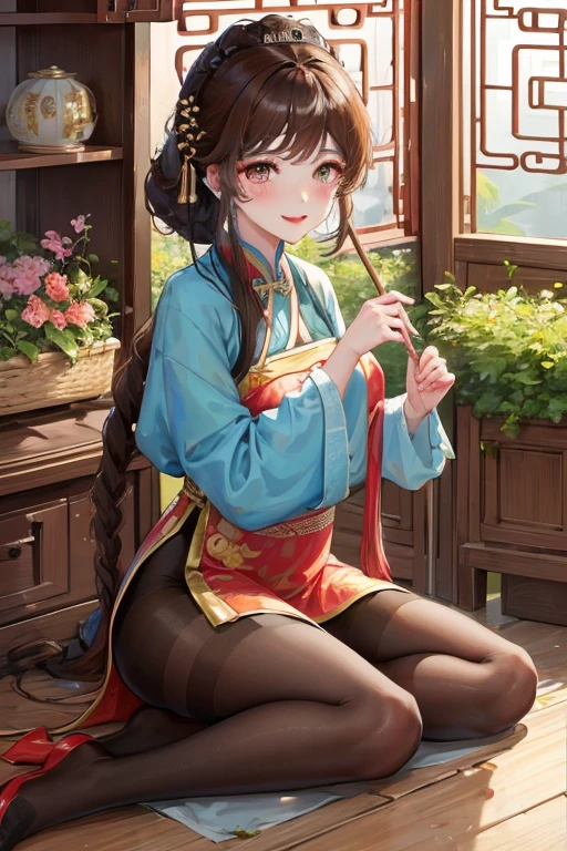 masterpiece, best quality, Married woman, aldult, Chinese style, China, elder sister, Smile, brown hair, princess cut, Single fried dough stick braid,Pantyhose,Full of motherhood,Chinese style婚礼,Pure desire,blushing,dignified yet lively,Mother,bring