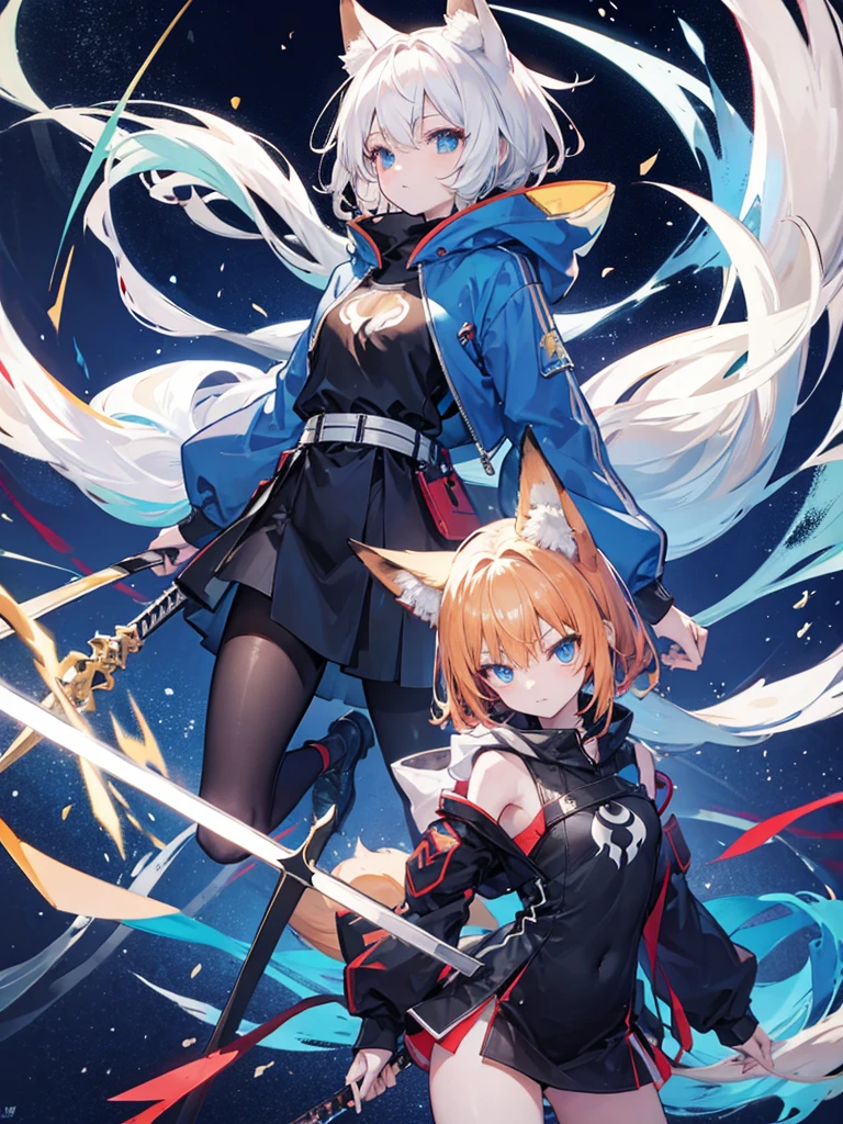 masterpiece,highest quality,One fox-colored fox girl,wearing a large oversized hoodie,Wearing long black tights,1tail,light blue eyes,short hair,Moe sleeves,standing position,1He is holding two long swords with both hands pointing towards the viewer.,Image color is matcha brown,Cool-headed expression,flat chest,night sky,