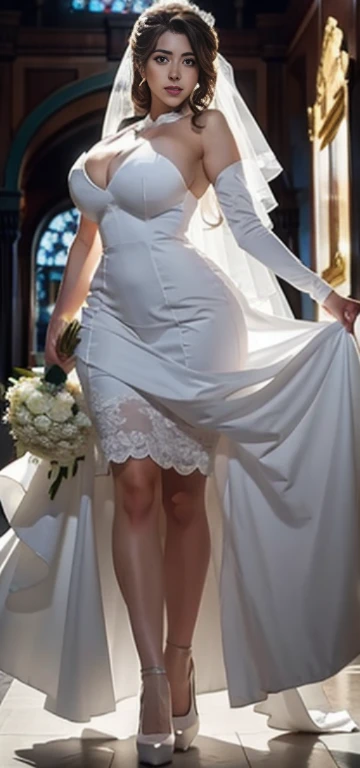 Araffe is wearing a white dress and stockings, holding a bouquet of flowers, a smooth white tight fitting suit, thick, full length and white stockings, white silky clothing, clear curve details, huge breasts, cleavage, mature women, wedding dress, sexy dress, wearing beautiful white, wearing white clothes, wearing wedding dress, maid dress, charming and charming, role-playing