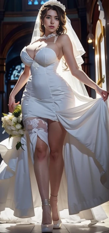 Araffe is wearing a white dress and stockings, holding a bouquet of flowers, a smooth white tight fitting suit, thick, full length and white stockings, white silky clothing, clear curve details, huge breasts, cleavage, mature women, wedding dress, sexy dress, wearing beautiful white, wearing white clothes, wearing wedding dress, maid dress, charming and charming, role-playing