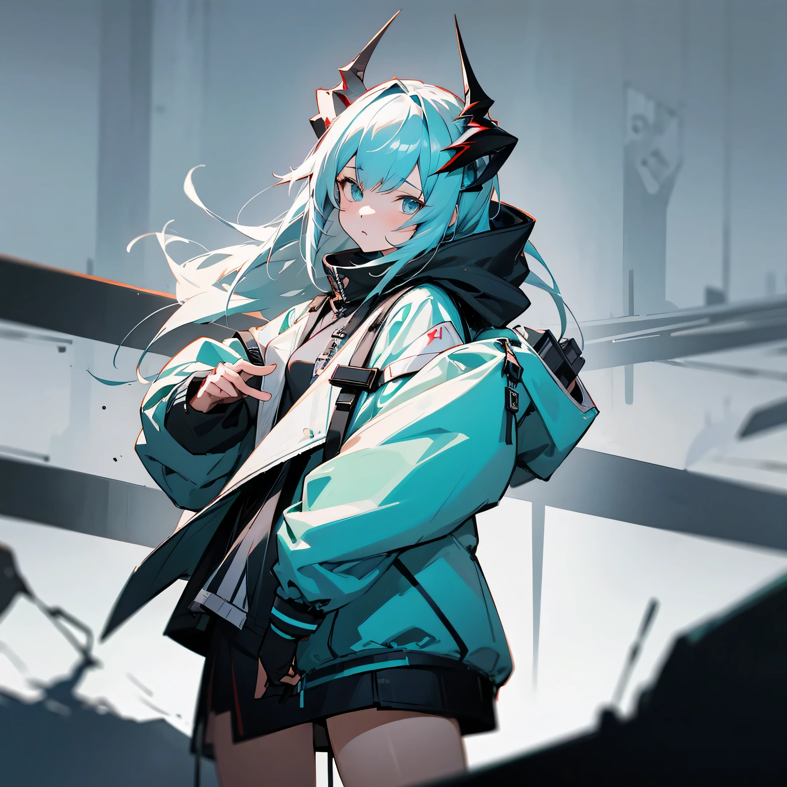 1girl, jacket, outdoor, hoodie, open jacket, chain,cute, kawai, looking at another, trending on artstation, 8k resolution, highly detailed, anatomically correct, sharp image, digital painting, concept art, trending on pixiv, soft femenine colors, cyan ,monocromatic colors, black and white, attractive aspect, hot look, arknights looks, arknights anime, horns, simple background