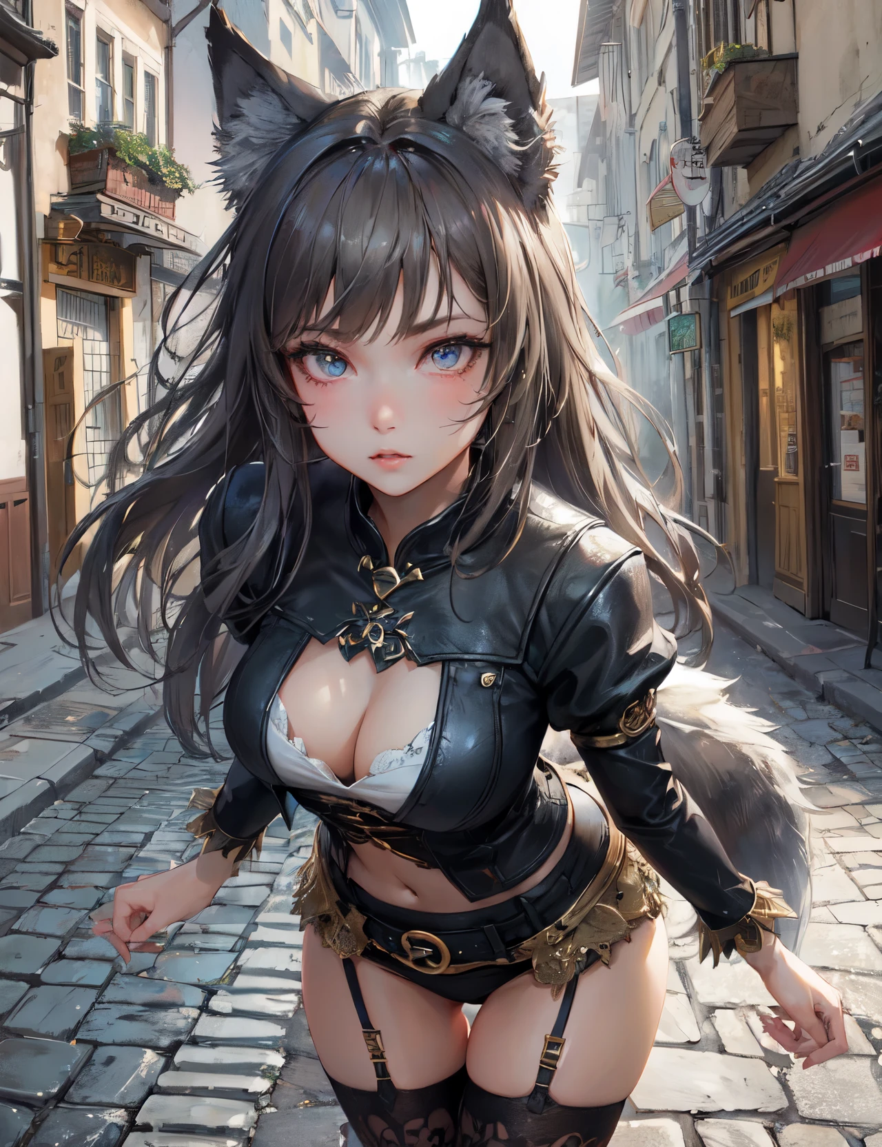 high quality,hd,16k,sharp line,1girl,fantasy,wolf girl ,cute face, large breasts, slender body, delicate body,nice legs,focus girl,detailed beautiful face,detailed clothes,beautiful eyes,pretty,dynamic angle