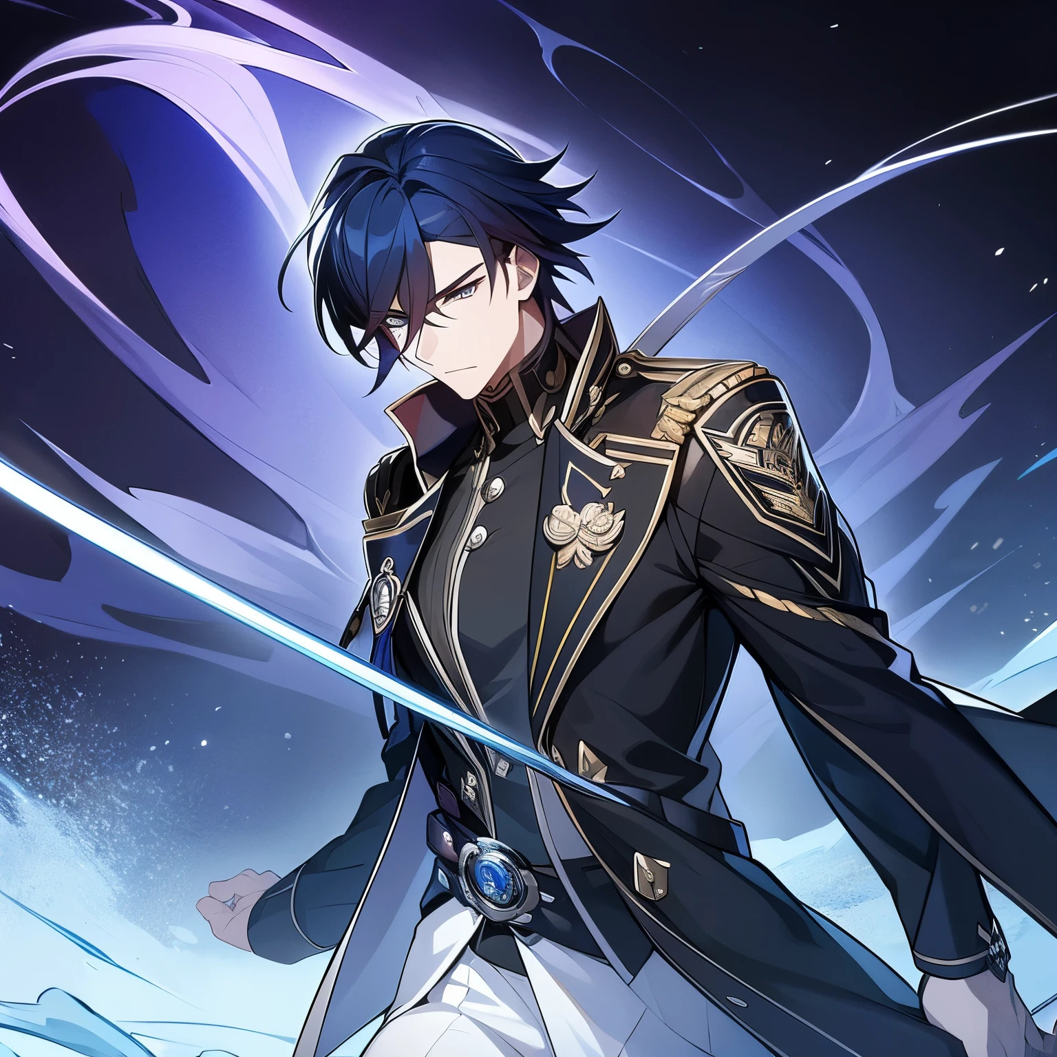 possesses a commanding presence with sharp, navy-blue hair that falls gracefully to his shoulders. His piercing silver eyes reflect unwavering determination. Dressed in a sleek black military commander's uniform, adorned with intricate silver insignias, he exudes an air of authority. Kuro wields a katana with a midnight-black hilt and silver accents, a symbol of both elegance and deadly precision.